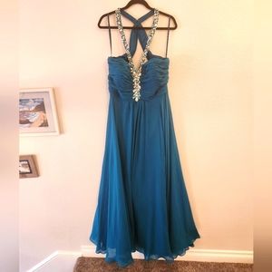 Teal Embellished Halter Gown. Size 16